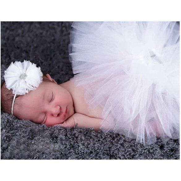 Fehér tüll szoknya virágos fejpánttal újszülött fotózáshoz