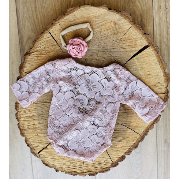 Púder rózsaszín csipke body és fejpánt újszülött fotózáshoz