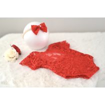   Piros rövid ujjú csipke body fejpánttal újszülött fotózáshoz 