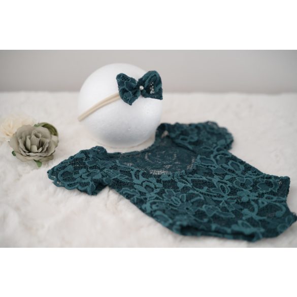 Mélyzöld rövid ujjú csipke body fejpánttal újszülött fotózáshoz