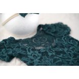 Mélyzöld rövid ujjú csipke body fejpánttal újszülött fotózáshoz