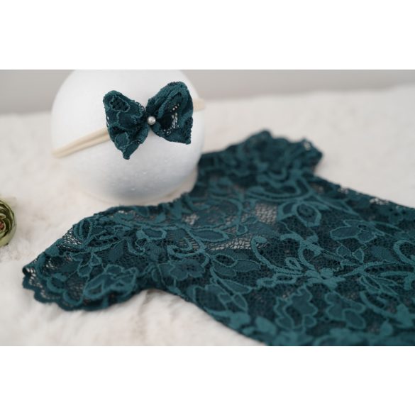 Mélyzöld rövid ujjú csipke body fejpánttal újszülött fotózáshoz