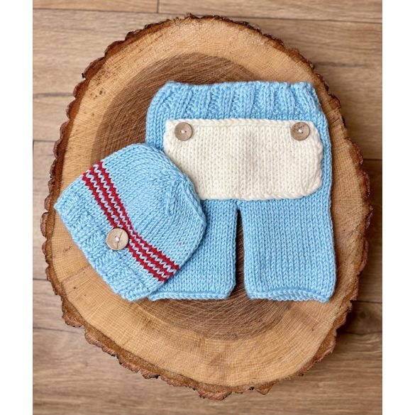 horgolt kisfiú ruha újszülött fotózáshoz két darabos szett sapka és nadrág